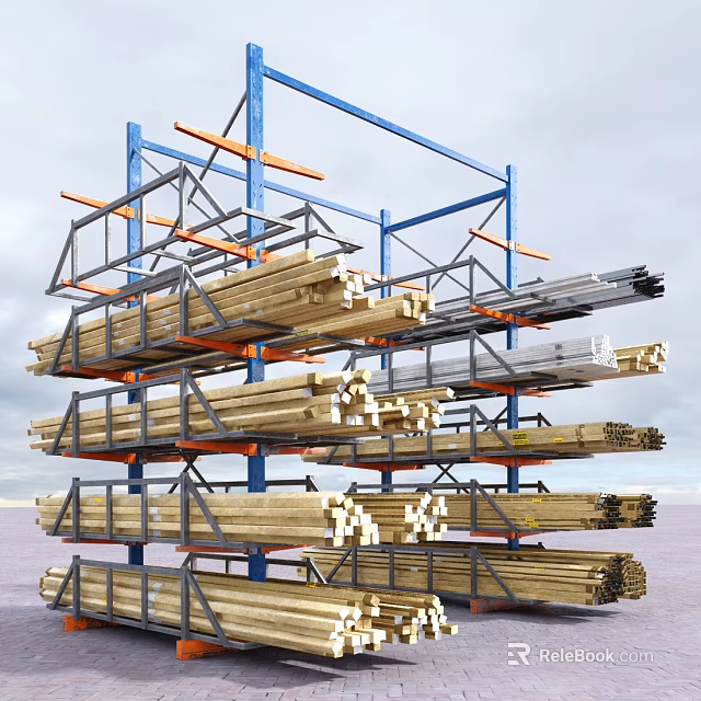 Industrial Storage Racks With Metal Frames Storing Wooden Planks And Metal Bars 3d model 