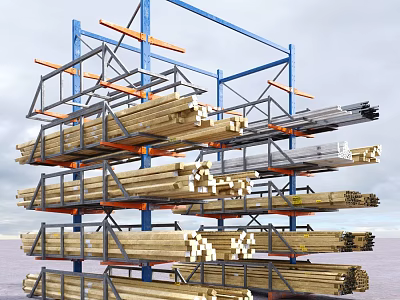 Industrial Storage Racks With Metal Frames Storing Wooden Planks And Metal Bars 3d model