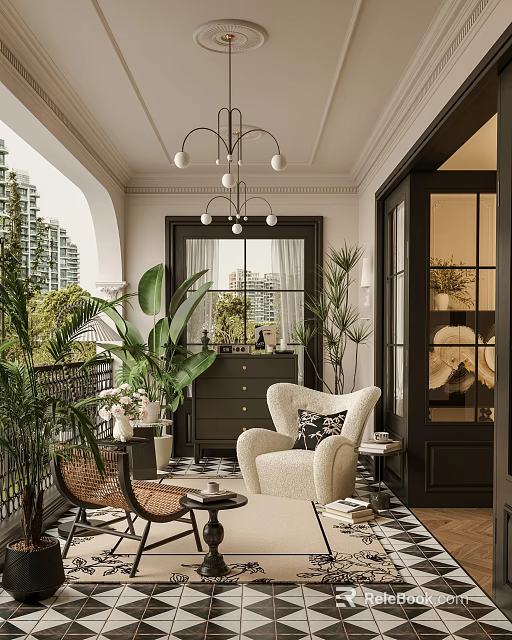 Modern Villa Balcony Design With Comfortable Chair Green Plants Chandelier And City View 3d model 