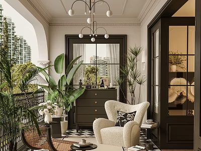 Modern Villa Balcony Design With Comfortable Chair Green Plants Chandelier And City View 3d model