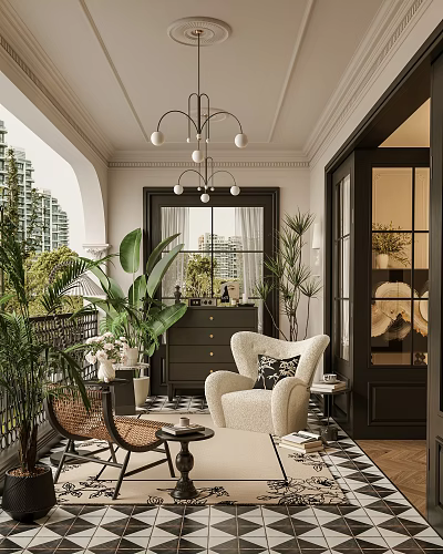 Modern Villa Balcony Design With Comfortable Chair Green Plants Chandelier And City View 3d model