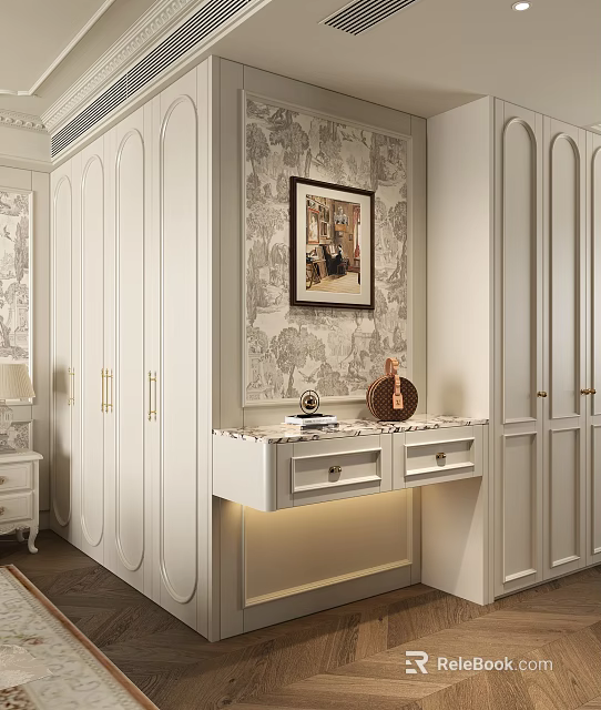 Elegant White Wardrobe With Gold Handles And Patterned Wallpaper Above Marble Countertop 3d model 