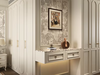 Elegant White Wardrobe With Gold Handles And Patterned Wallpaper Above Marble Countertop 3d model