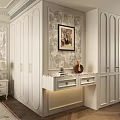 Elegant White Wardrobe With Gold Handles And Patterned Wallpaper Above Marble Countertop