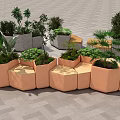 Outdoor Landscape Seating With Concrete And Orange Modular Planters And Green Plants On Paved Ground