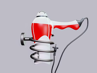 Household Red And White Hair Dryer With HELLO Mounting Stand And Power Cord 3d model