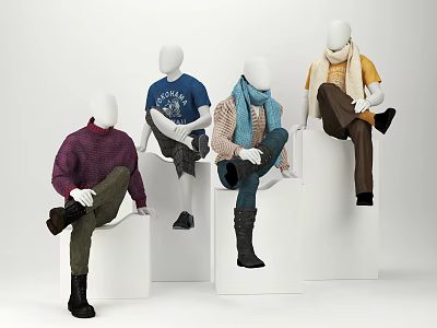 White Mannequins Dressed In Different Outfits Sitting On White Cubes With Various Poses 3d model