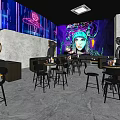 Modern Bar Interior With Neon Lights And Colorful Mural Black Decor Tables And Chairs Setup