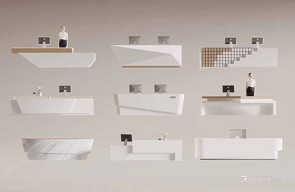 Modern Reception Desk Designs With White And Marble Surfaces And Computer Monitors 3d model 