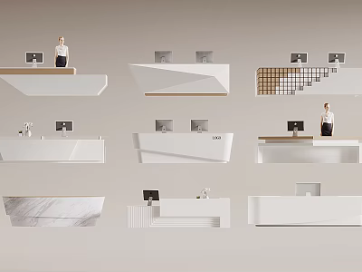 Modern Reception Desk Designs With White And Marble Surfaces And Computer Monitors 3d model