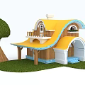 Cartoon Style House With Yellow Roof Wooden Structure Green Lawn Tree And Small Plant