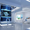 Modern Technology Exhibition Hall With Interactive Display Screens Smart Kiosk And Cityscape Projection