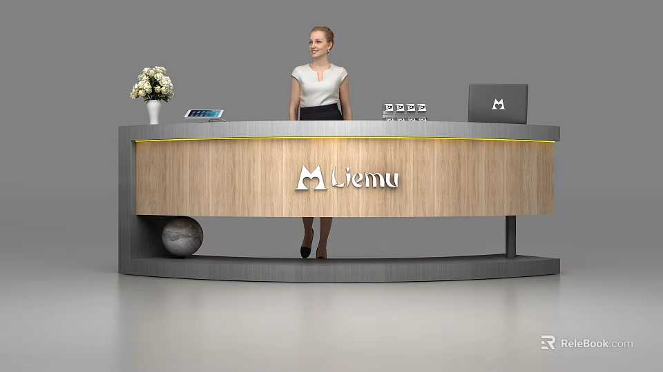 Modern Wooden Reception Desk with Lienu Logo Flower Vase Tablet and Laptop 3d model 