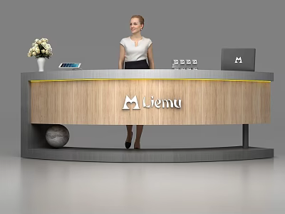 Modern Wooden Reception Desk with Lienu Logo Flower Vase Tablet and Laptop 3d model
