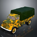 Military Camouflage Truck With Green Canvas Cover And Yellow Green Pattern Design