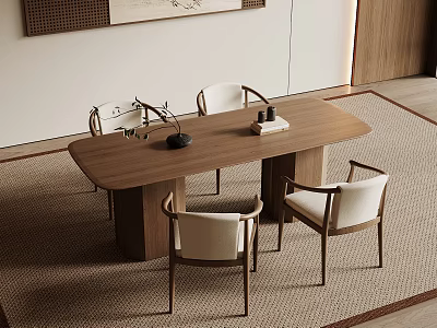 Modern Wooden Dining Table Set With Four Chairs Light Cushions And Minimalist Decor 3d model