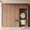 Modern Wooden Wardrobe Interior Design With Dressing Table Round Mirror And Chair
