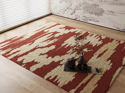 Red and Cream Square Rug with Abstract Pattern on Wooden Floor Living Room Interior 3d model