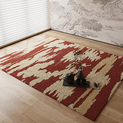 Red and Cream Square Rug with Abstract Pattern on Wooden Floor Living Room Interior 3d model