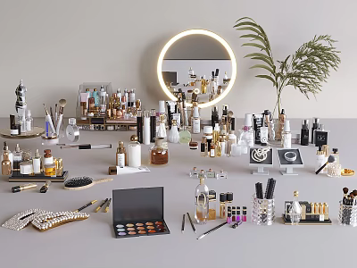 Organized Vanity Table with Cosmetics Skincare Products Round Mirror and Green Plant 3d model