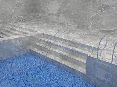 Swimming Pool Interior Design With Gray Marble Steps Blue Mosaic Tiles And Metal Handrails 3d model