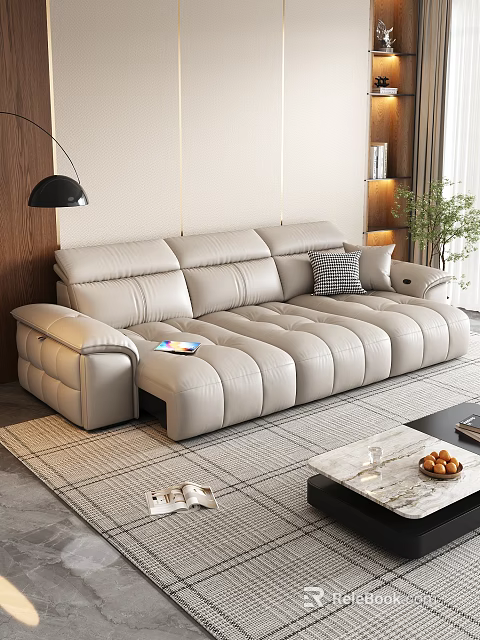 Contemporary Multi seat Leather Sofa With Plush Seats And Decorative Pillows In Living Room 3d model 