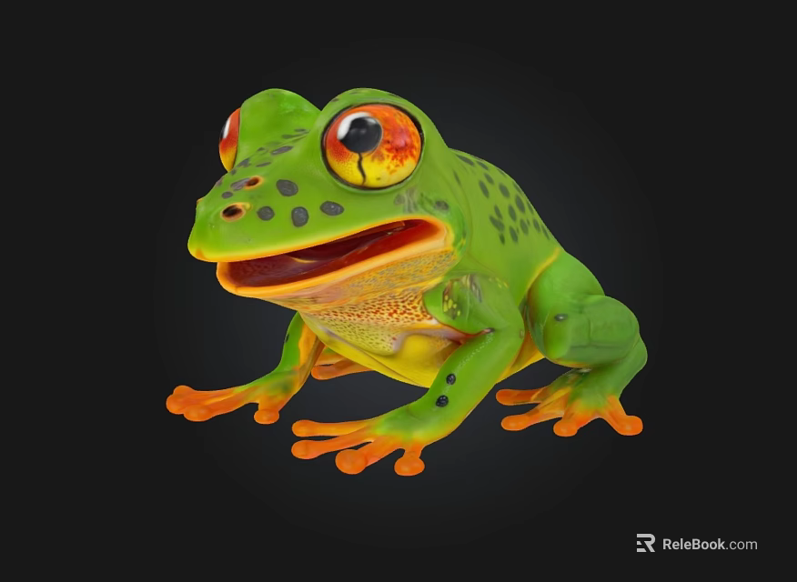 Green Aquatic Frog With Red Eyes Orange Toes Black Spots Opening Mouth On Black Background 3d model 