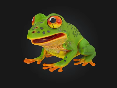 Green Aquatic Frog With Red Eyes Orange Toes Black Spots Opening Mouth On Black Background 3d model