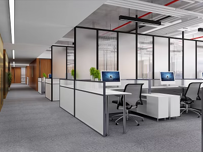 Modern Public Office Space With Open Cubicles Work Desks And Glass Partitions 3d model