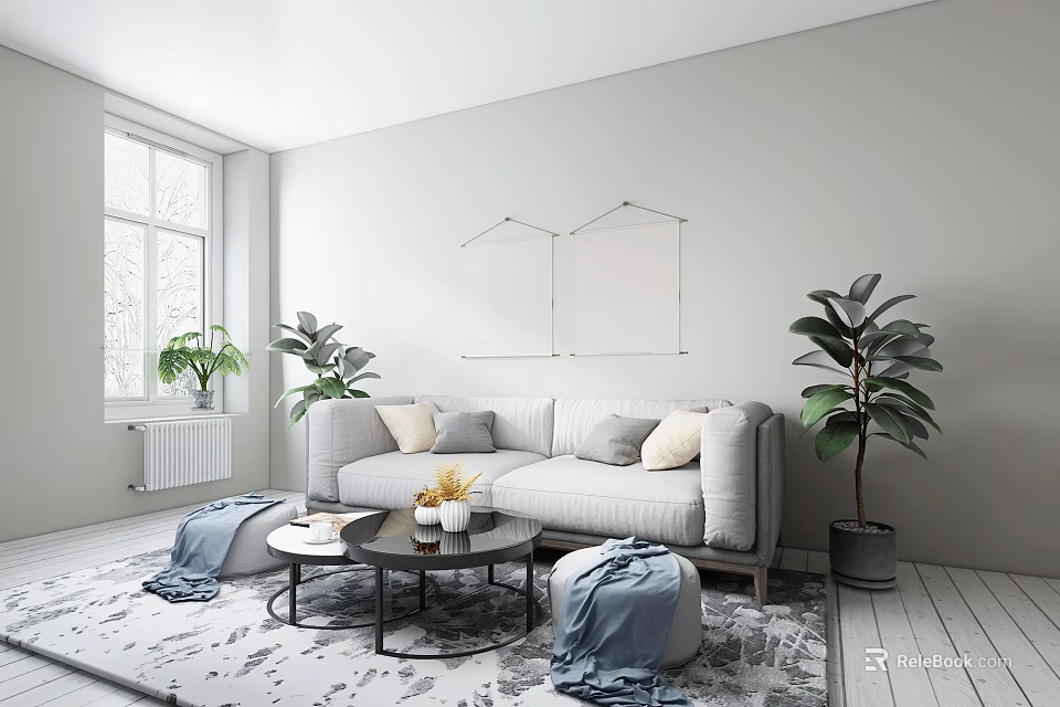 Modern Living Room Interior With Light Gray Sofa Throw Pillows Potted Plants And Coffee Table 3d model 