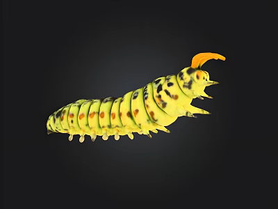 Green Caterpillar With Yellow Spots And Orange Antennae On Black Background 3d model