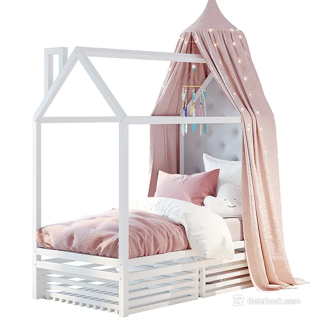 White House Shaped Children's Bed With Pink Curtains Fairy Lights And Stuffed Toy 3d model 