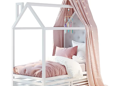 White House Shaped Children's Bed With Pink Curtains Fairy Lights And Stuffed Toy 3d model