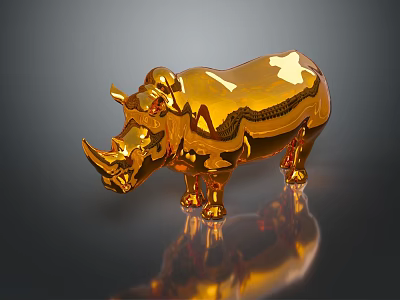 Highly Shiny Golden Rhinoceros Statue With Clear Reflection On Dark Background 3d model