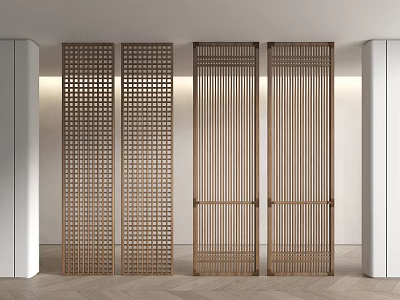 Wooden Room Divider With Geometric And Vertical Slat Designs For Interior Space 3d model