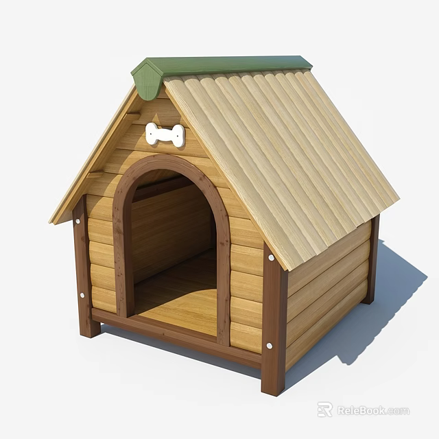 Wooden Garden Dog House with Green Roof and Bone Ornament Design 3d model 