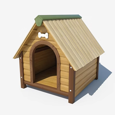 Wooden Garden Dog House with Green Roof and Bone Ornament Design 3d model