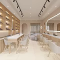 Modern Beauty Hair Salon Interior With Wooden Product Shelves White Chairs And Ceiling Spotlights