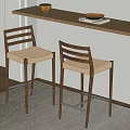 Two Modern Wooden Bar Stools With Woven Beige Seats By Wooden Bar Counter