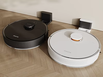 Modern Black and White Robot Vacuum Cleaners with Charging Docks on Wooden Floor 3d model