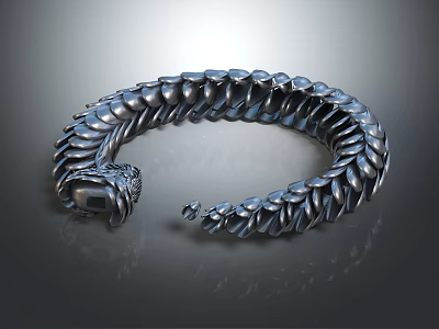 Elegant Silver Snake Design Bracelet With Scaled Links And Gemstone Head 3d model