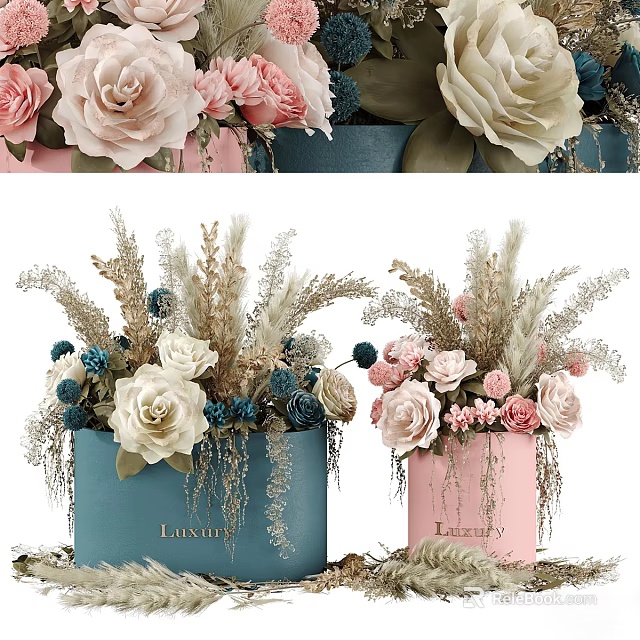 Luxury Flower Arrangements with Roses Dried Blooms in Blue and Pink Boxes 3d model 