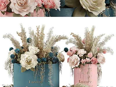 Luxury Flower Arrangements with Roses Dried Blooms in Blue and Pink Boxes 3d model