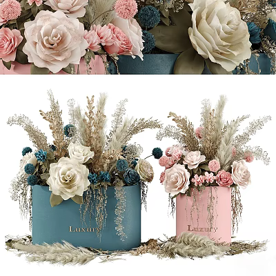 Luxury Flower Arrangements with Roses Dried Blooms in Blue and Pink Boxes 3d model