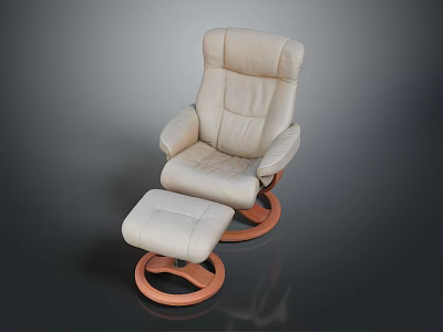 Comfortable Beige Leather Office Chair with Armrests Matching Ottoman and Wooden Base 3d model