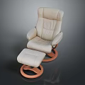 Comfortable Beige Leather Office Chair with Armrests Matching Ottoman and Wooden Base