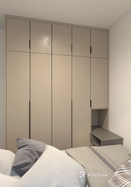 Modern Minimalist Light Beige Wardrobe With Multiple Doors Black Handles And Study Desk 3d model