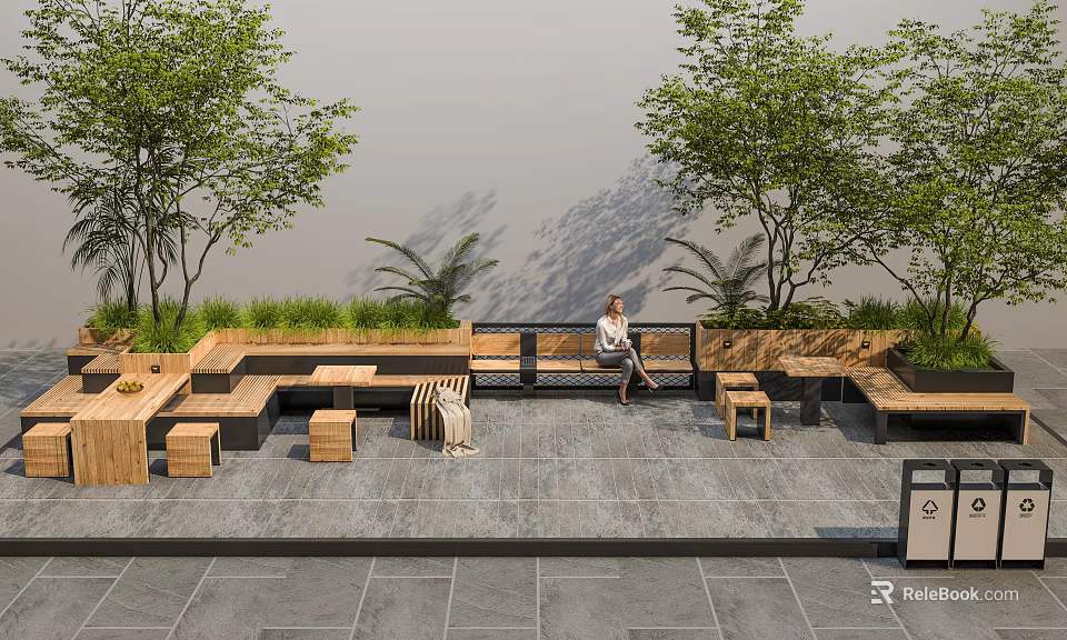 Garden Landscape With Outdoor Seating Area Wooden Benches And Green Plants Stone Paved Floor 3d model 