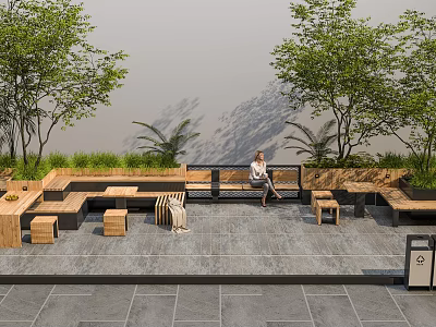 Garden Landscape With Outdoor Seating Area Wooden Benches And Green Plants Stone Paved Floor 3d model