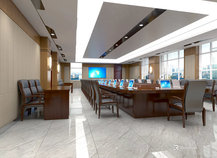 Modern Conference Room Interior With Long Table Laptops Chairs Large Screen And Windows 3d model